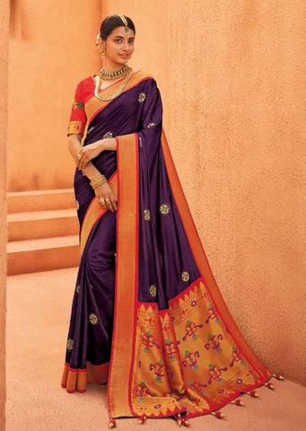 Raisin Purple Woven Paithani Silk Saree With Red Border