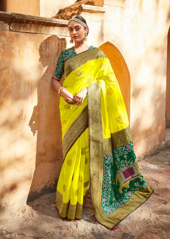 Lemon Yellow Woven Traditional Patola Silk Saree With Embroidered Silk Blouse