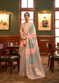 Cloud Gray & Pink Zari Woven Pure Handloom Organza Silk Saree With Sequins Work
