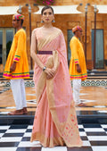 Blossom Pink Zari Woven Pure Handloom Linen Saree