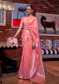 Watermelon Pink Zari Woven Pure Handloom Linen Saree