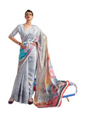 Silver Grey Digital Printed Satin Crepe Saree
