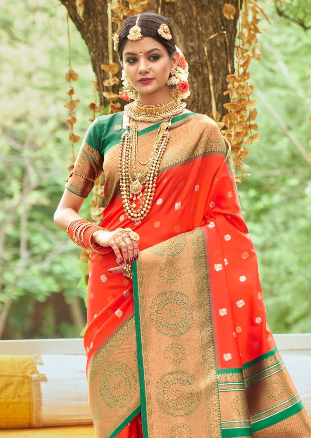 Deep Orange Woven Banarasi Silk Saree