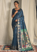 NAVY BLUE ZARI WOVEN TRADITIONAL PAITHANI SILK SAREE