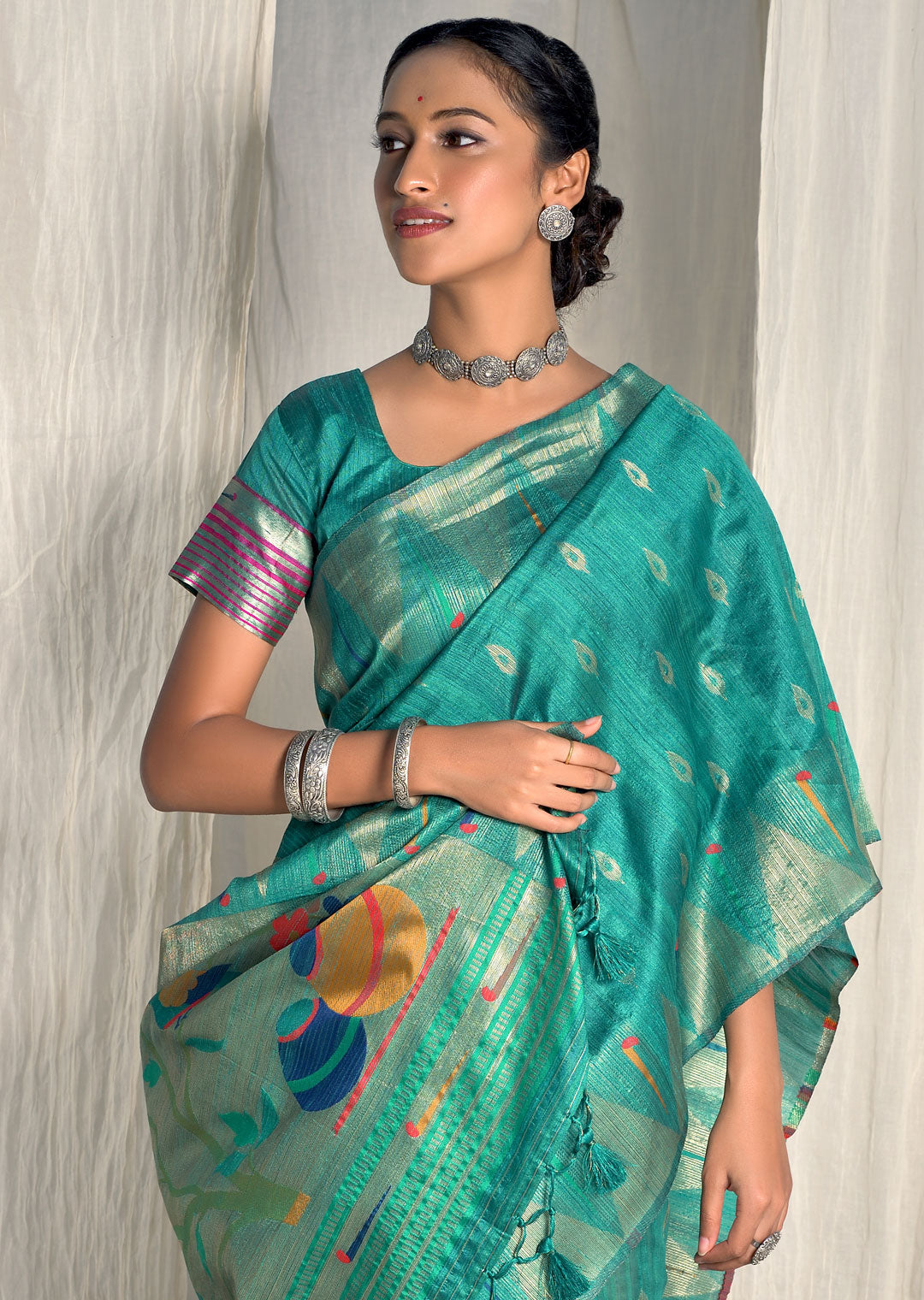 TURQUOISE GREEN ZARI WOVEN TRADITIONAL PAITHANI SILK SAREE