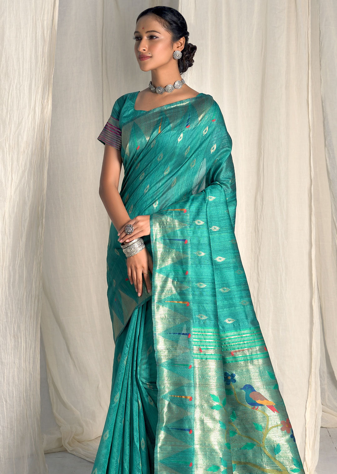 TURQUOISE GREEN ZARI WOVEN TRADITIONAL PAITHANI SILK SAREE