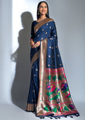 NAVY BLUE ZARI WOVEN TRADITIONAL PAITHANI SILK SAREE