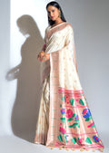 PEARL WHITE ZARI WOVEN TRADITIONAL PAITHANI SILK SAREE