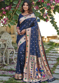 NAVY BLUE ZARI WOVEN TRADITIONAL PAITHANI SILK SAREE