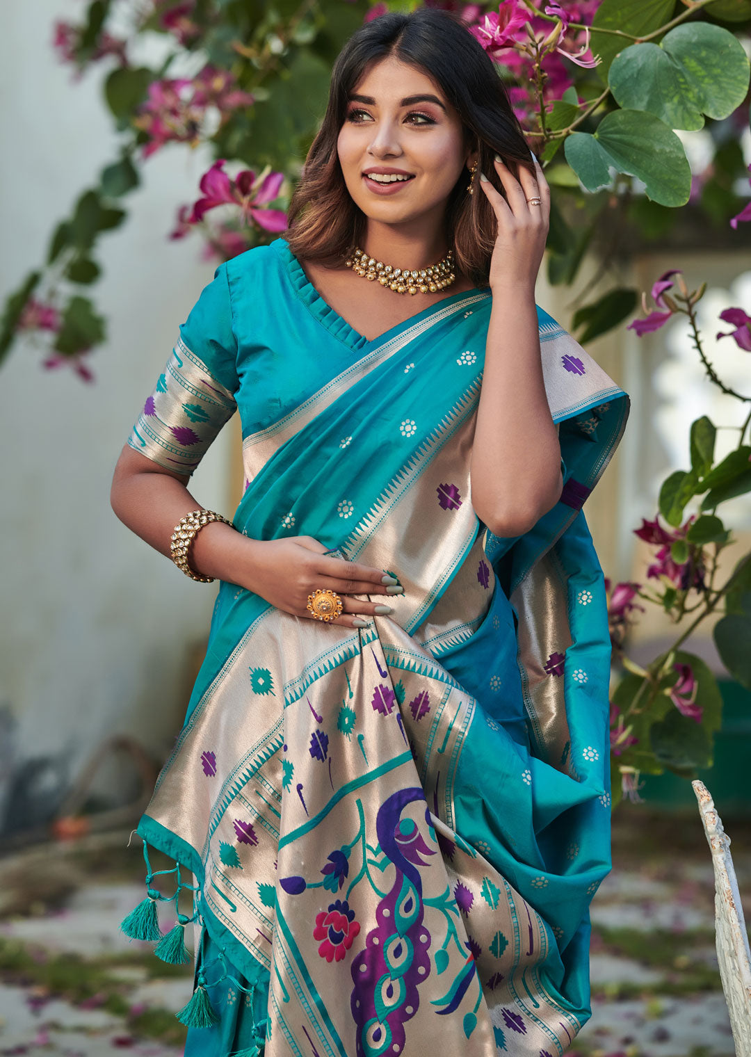 OLYMPIC BLUE ZARI WOVEN TRADITIONAL PAITHANI SILK SAREE