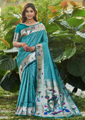 TURQUOISE GREEN ZARI WOVEN TRADITIONAL PAITHANI SILK SAREE