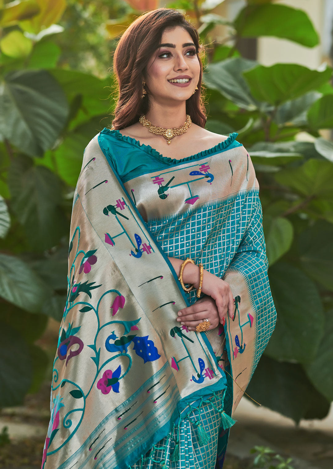 TURQUOISE GREEN ZARI WOVEN TRADITIONAL PAITHANI SILK SAREE