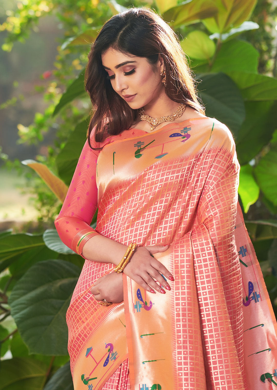 SALMON ORANGE ZARI WOVEN TRADITIONAL PAITHANI SILK SAREE