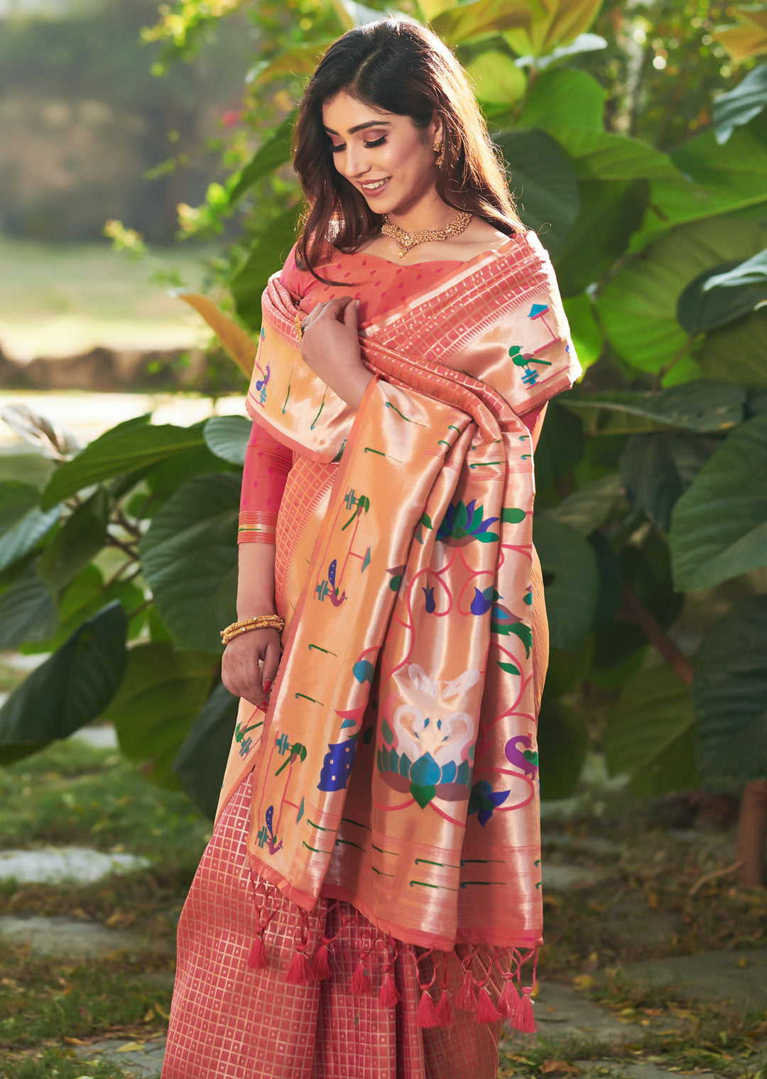 SALMON ORANGE ZARI WOVEN TRADITIONAL PAITHANI SILK SAREE