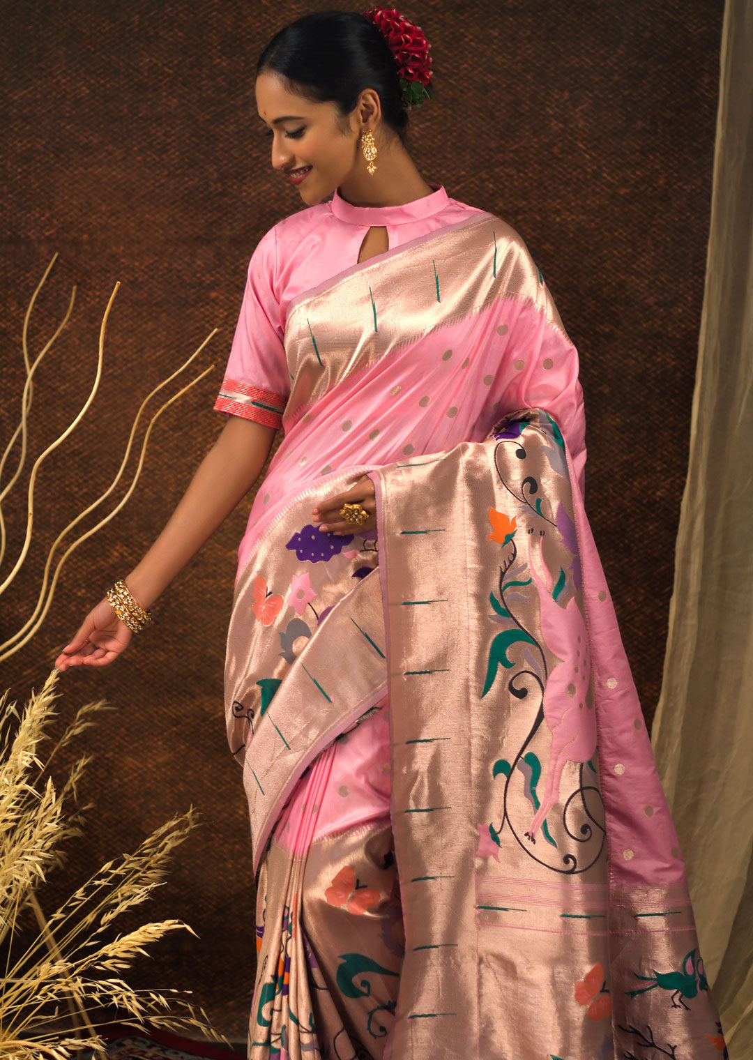 CARNATION PINK ZARI WOVEN TRADITIONAL PAITHANI SILK SAREE