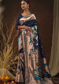 NAVY BLUE ZARI WOVEN TRADITIONAL PAITHANI SILK SAREE