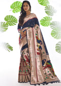 NAVY BLUE ZARI WOVEN TRADITIONAL PAITHANI SILK SAREE