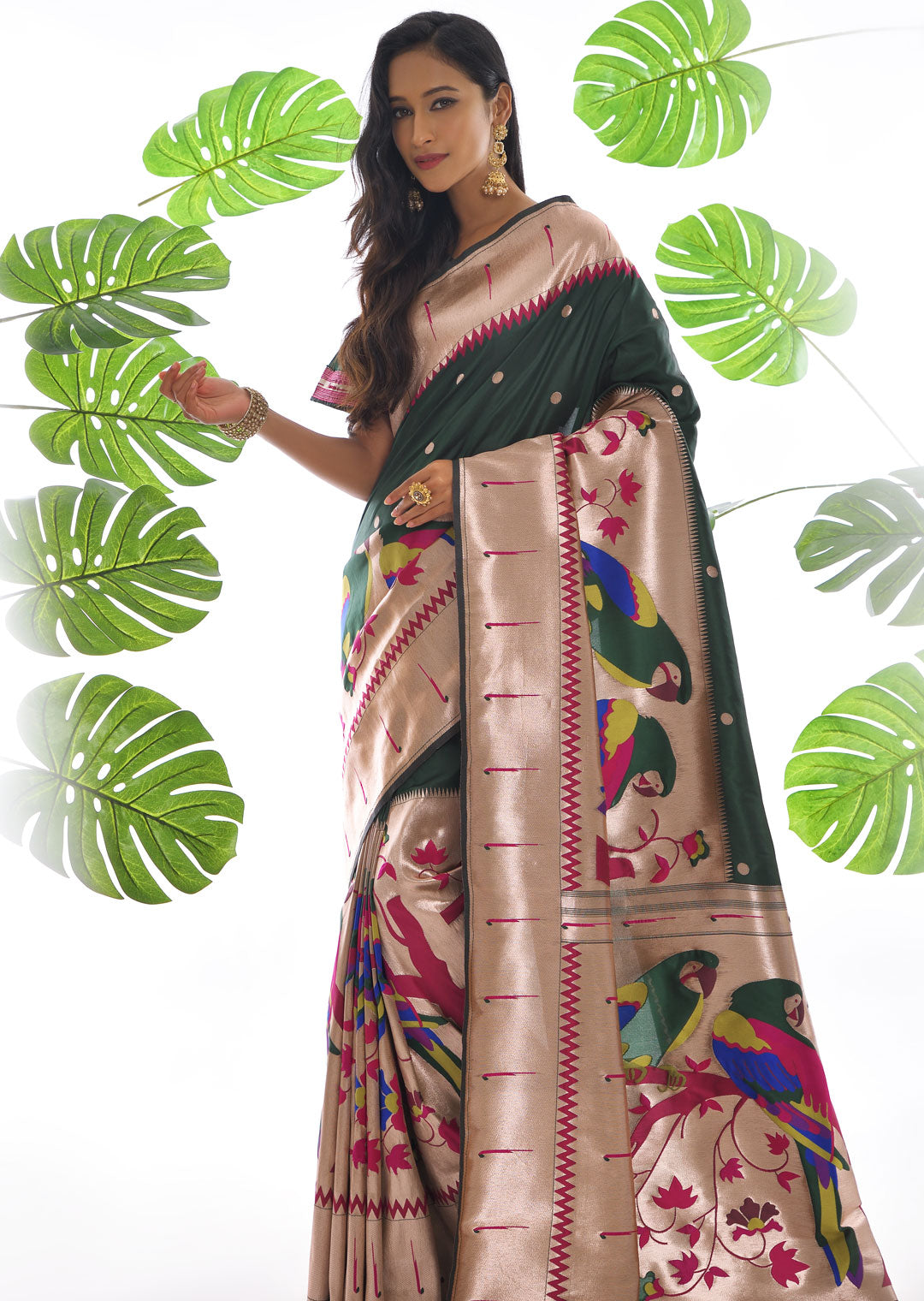 BOTTLE GREEN ZARI WOVEN TRADITIONAL PAITHANI SILK SAREE