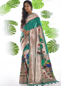 TURQUOISE GREEN ZARI WOVEN TRADITIONAL PAITHANI SILK SAREE