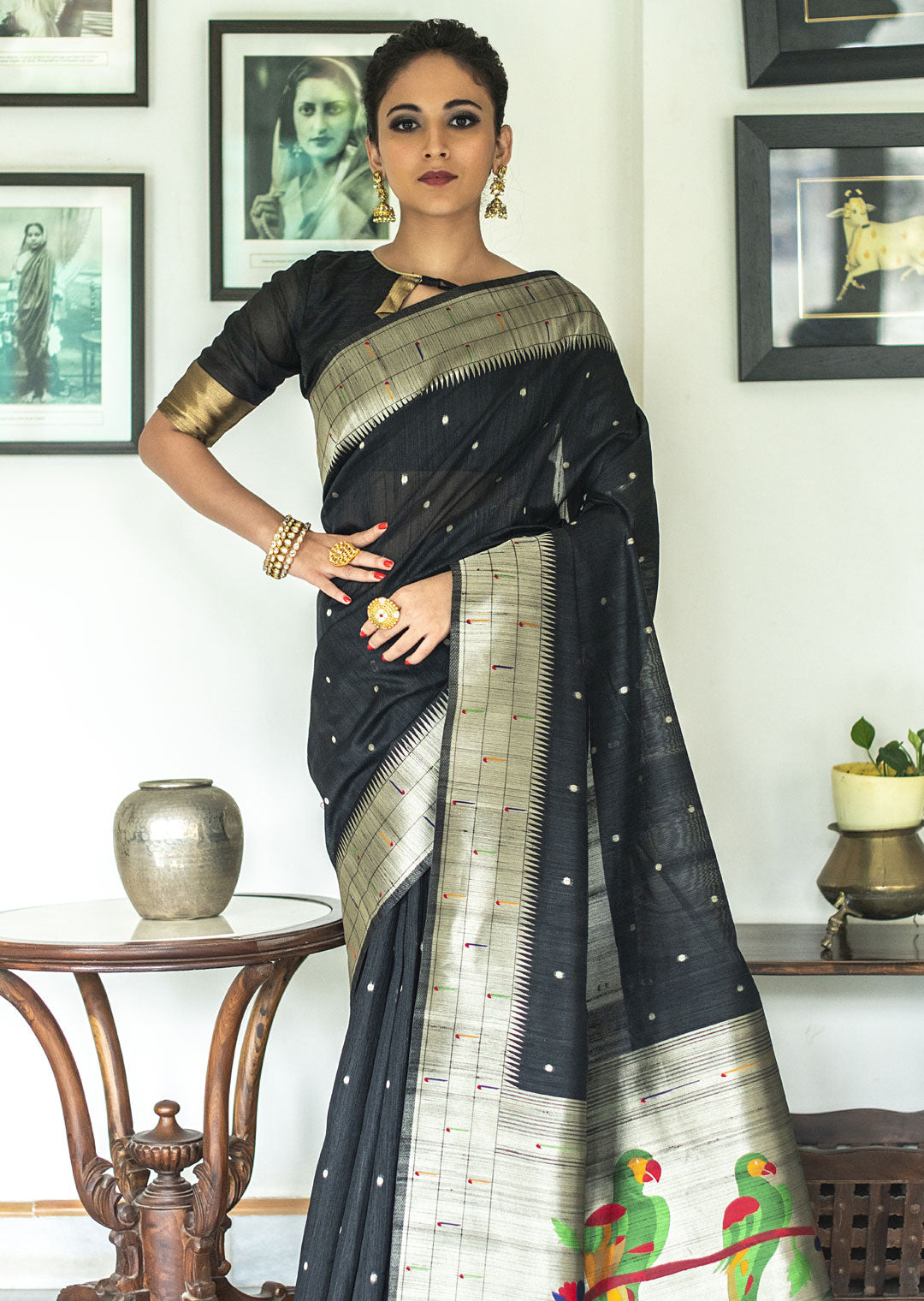 BLACK ZARI WOVEN TRADITIONAL PAITHANI SILK SAREE