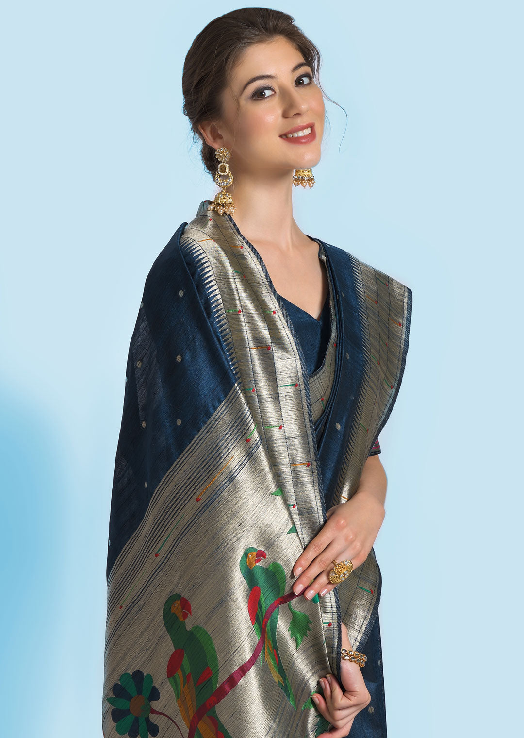 NAVY BLUE ZARI WOVEN TRADITIONAL PAITHANI SILK SAREE