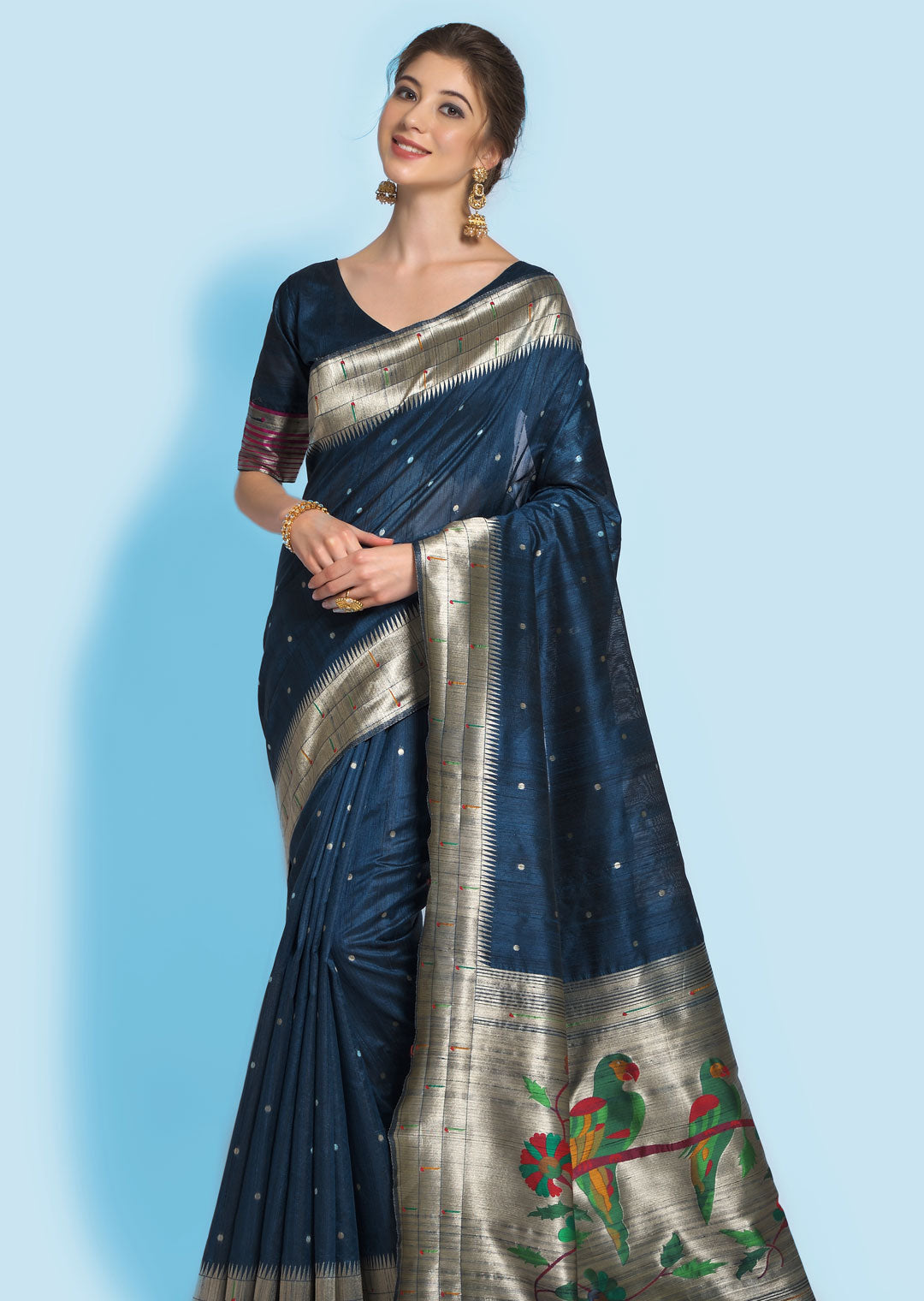 NAVY BLUE ZARI WOVEN TRADITIONAL PAITHANI SILK SAREE