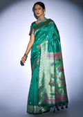 PEACOCK GREEN ZARI WOVEN TRADITIONAL PAITHANI SILK SAREE
