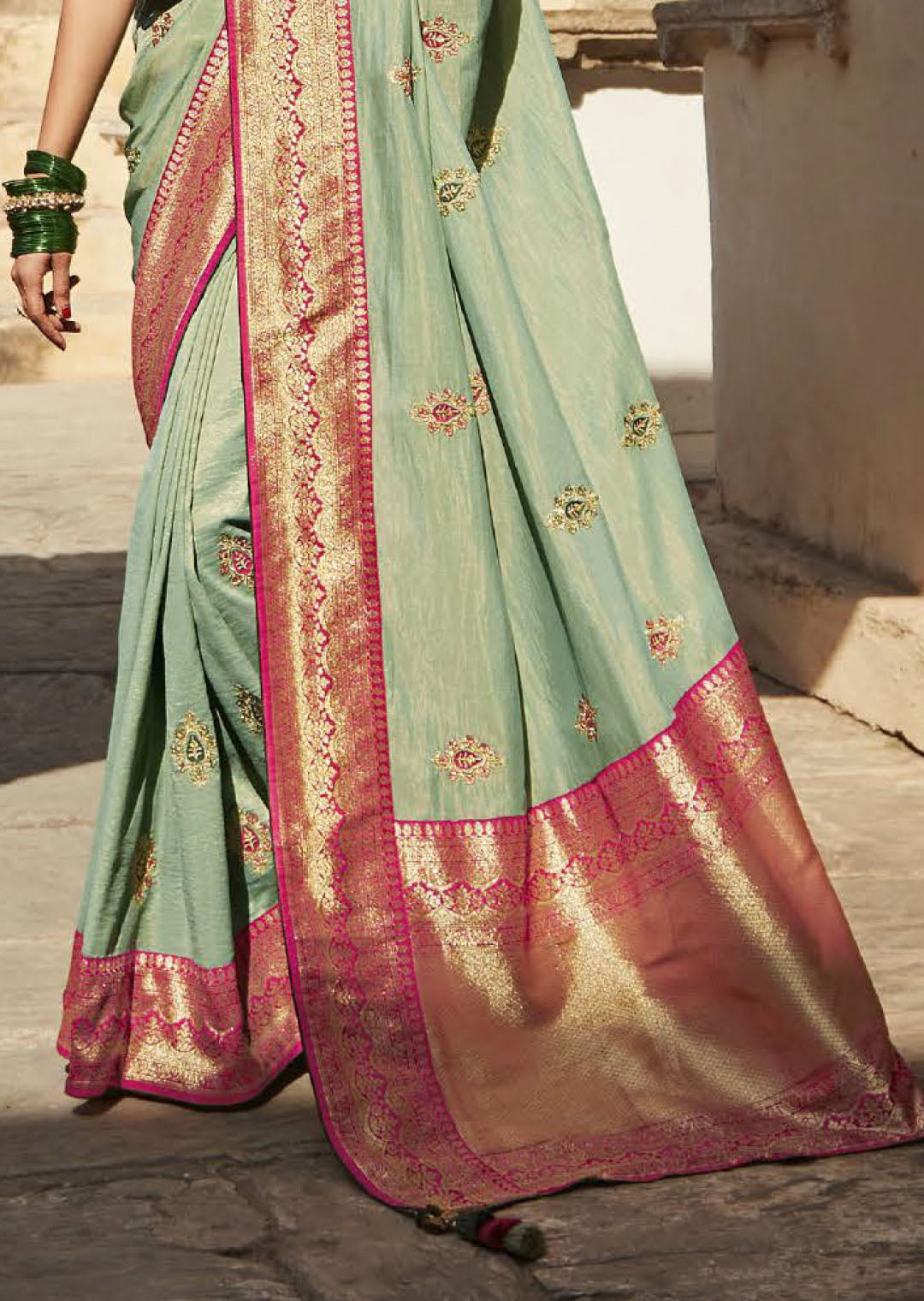 Pistachio Green Woven Traditional Silk Saree With Heavy Embroidered Blouse