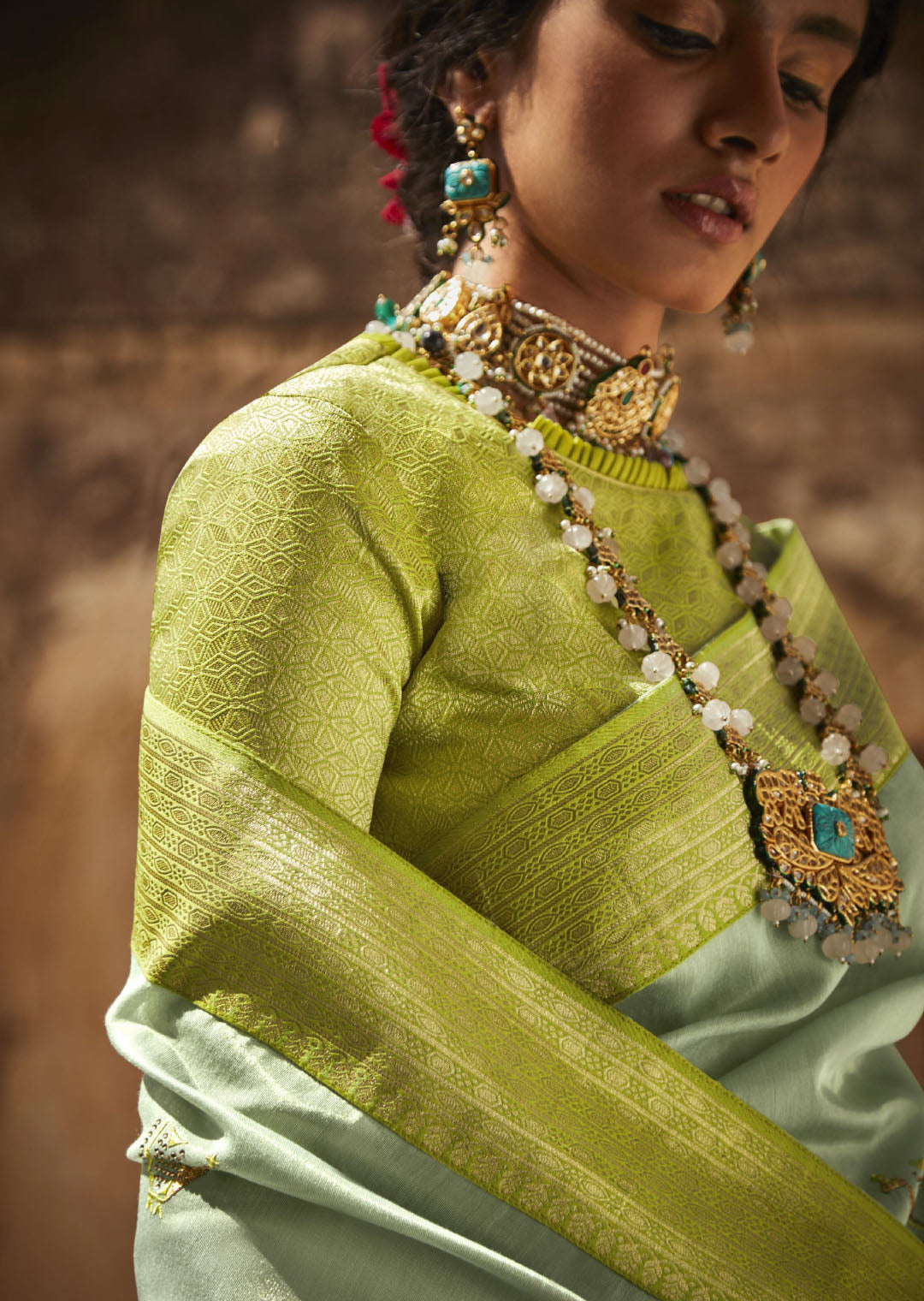 Mint Green Woven Designer Saree With Heavy Embroidered Blouse