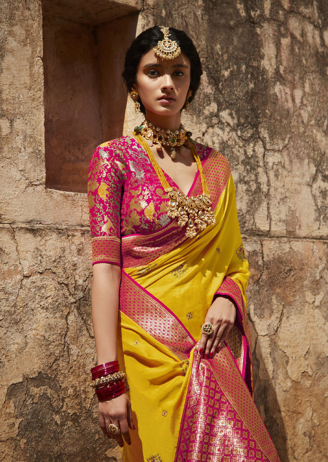 Yellow Woven Traditional Silk Saree With Heavy Embroidered Blouse