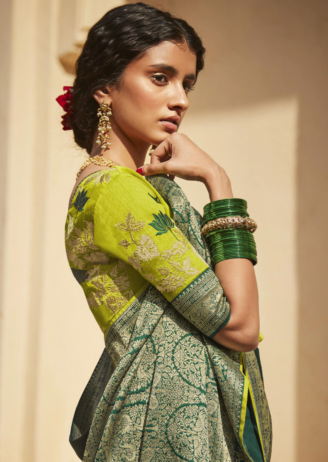 Bottle Green Woven Traditional Silk Saree With Heavy Embroidered Blouse