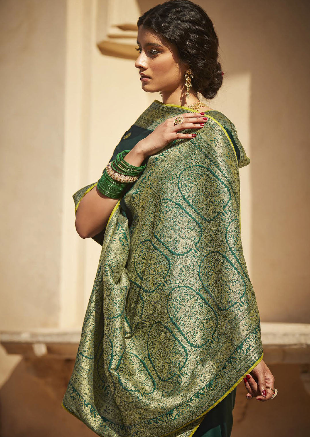 Bottle Green Woven Traditional Silk Saree With Heavy Embroidered Blouse